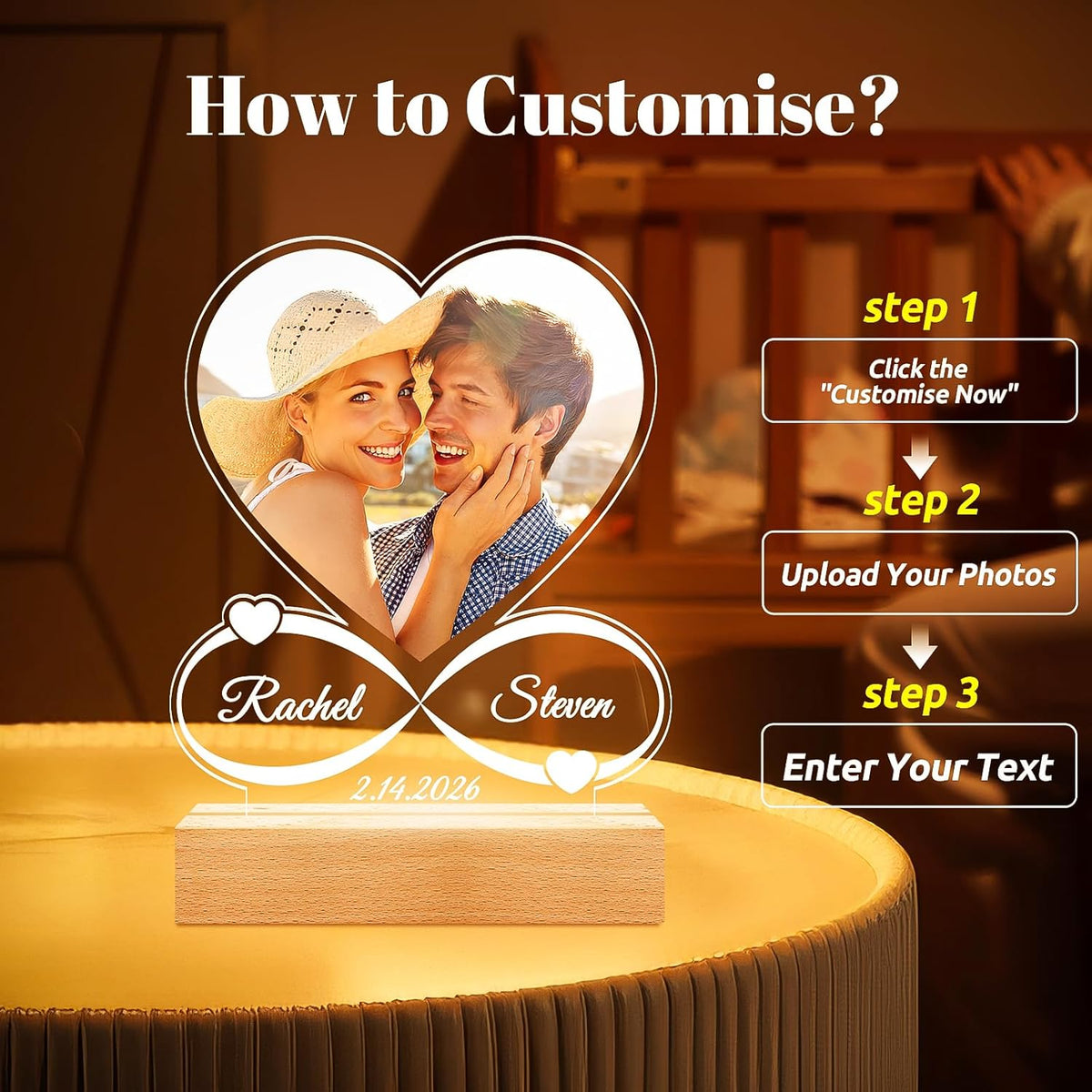 Jkolalin Custom Picture Frames with Photo, Custom Photo Frame with Night Light, Personalized Picture Frame, Personalized Anniversary Couple Gifts for Women Men Him Her Girlfriend Boyfriend Wife